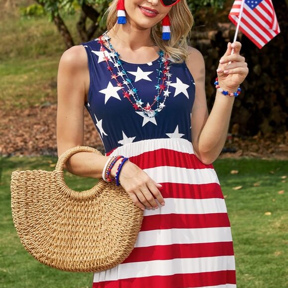 Womens American Flag Maxi Dress Sleeveless 4th of July Patriotic Summer - Picture 2 of 6